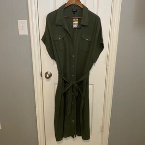 Torrid Midi Shirt Dress Plus Size 1 XL Shirt Dress Green Cotton Gauze Belted